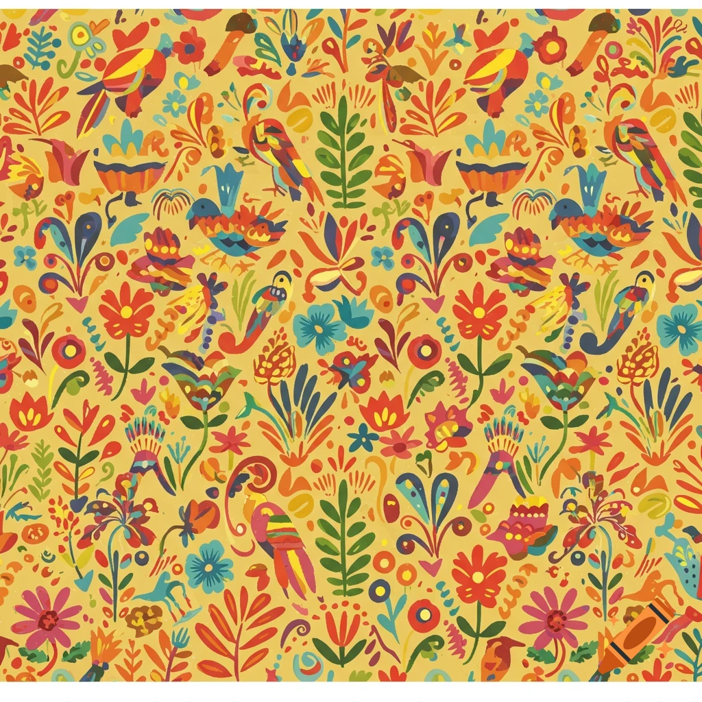 A vibrant, multi-colored seamless pattern in a Mexican folk art style, featuring various stylized birds, flowers, and leaves on a yellow background.