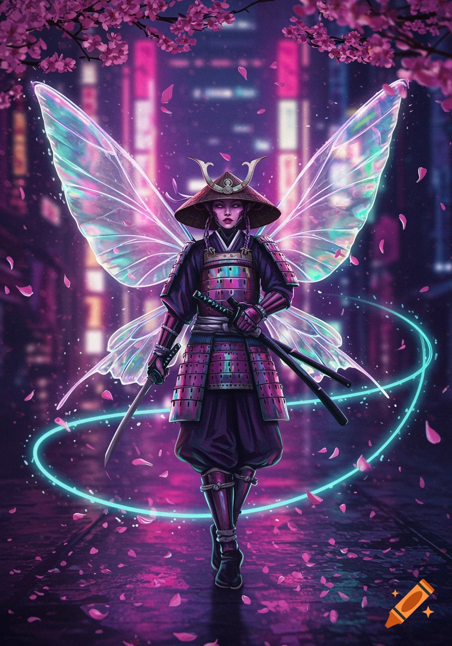 A samurai fairy with translucent, glowing wings and pink armor stands on a street covered in cherry blossoms and neon reflections.