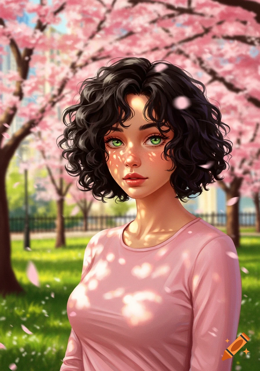 Animated style young woman with curly black hair and green eyes, standing in a park with pink cherry blossoms and dappled sunlight.
