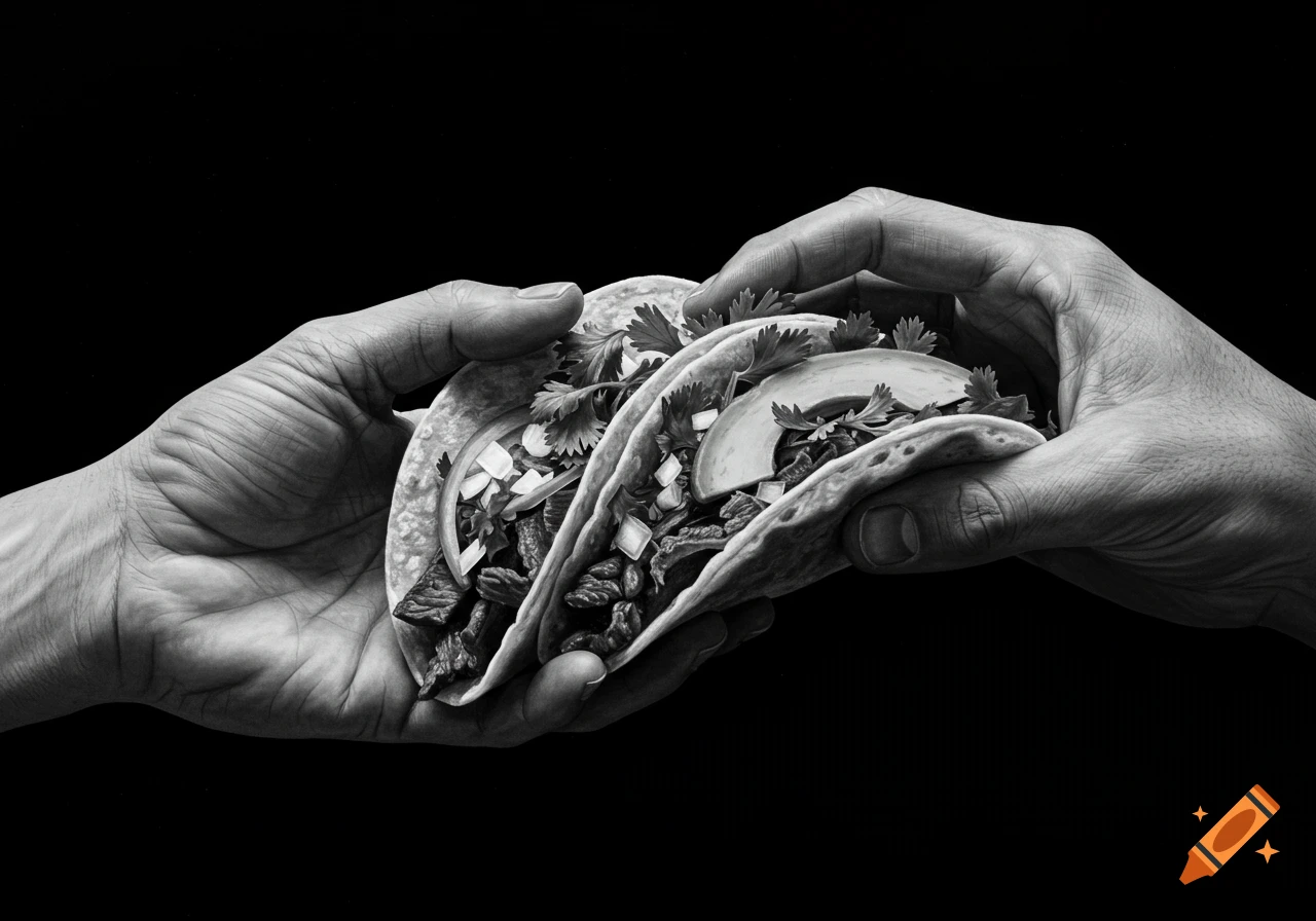 Two hands holding three loaded tacos against a black background in black and white realism.