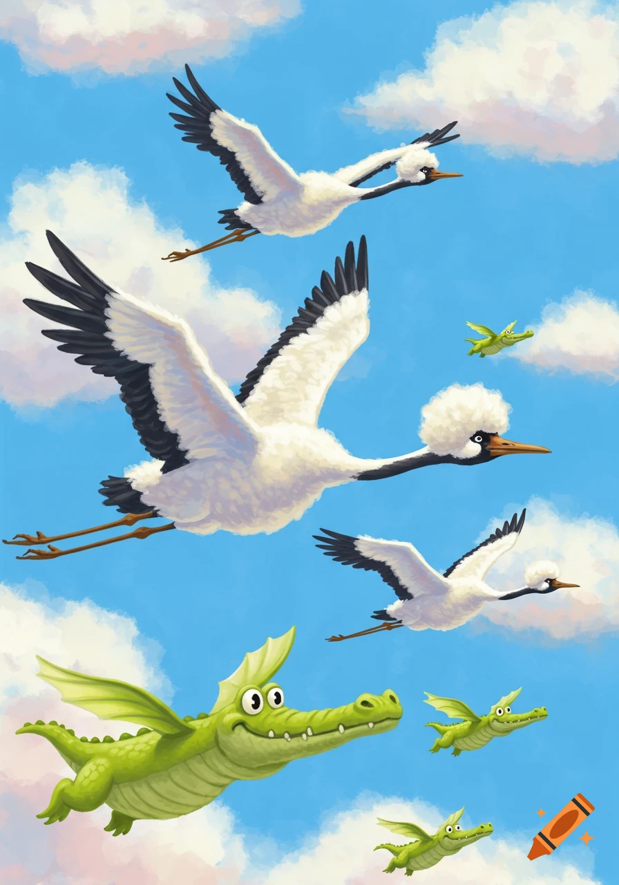 Humorous illustration of fluffy, curly cranes and cartoon crocodiles flying in a bright blue sky with clouds.