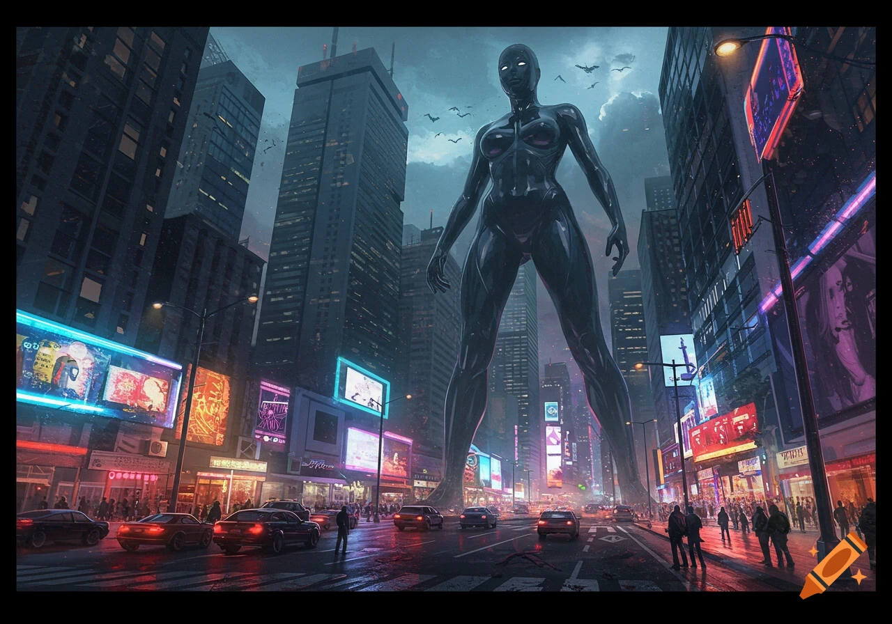 A giant woman in a glossy black suit stands in the center of a futuristic, neon-lit city street at night, looking down at the small cars and people.