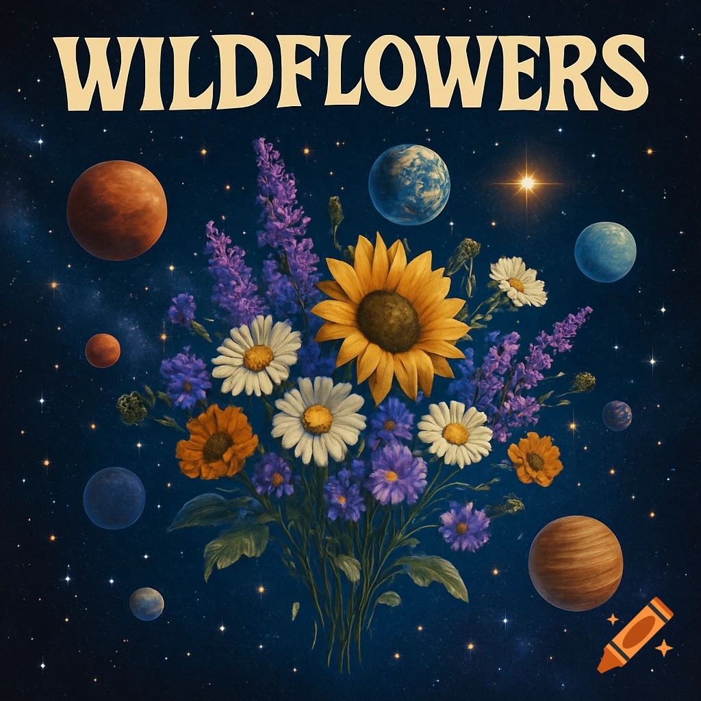 An album cover with 'WILDFLOWERS' text above a bouquet of wildflowers and planets in a starry cosmic space.