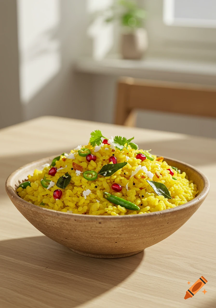 A bowl of yellow Poha garnished with pomegranate seeds, green chilies, curry leaves, and cilantro on a wooden table.