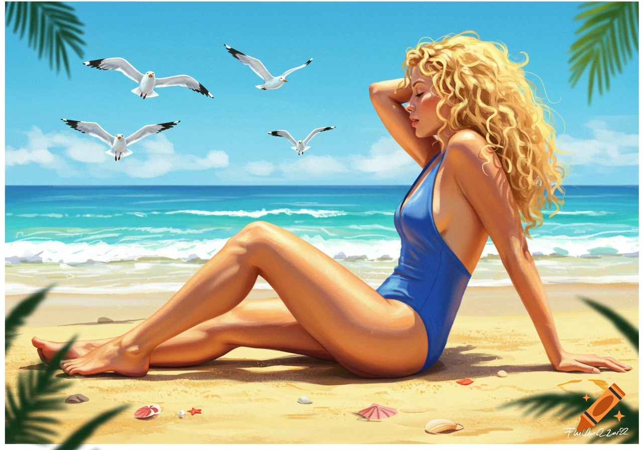 An illustration of a woman in a blue swimsuit relaxing on a sunny beach with seagulls flying overhead.