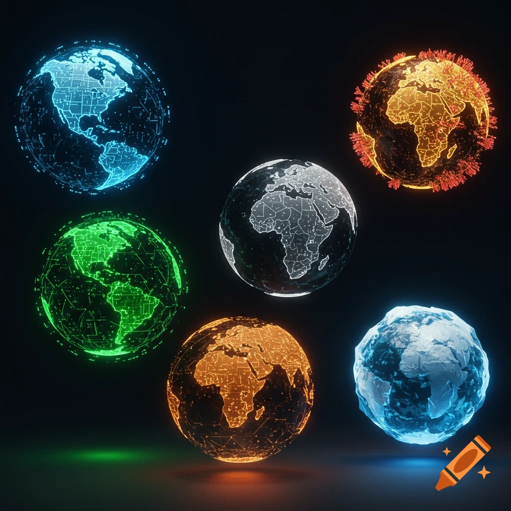 Six glowing, futuristic globes with circuit patterns and varied colors against a dark background.