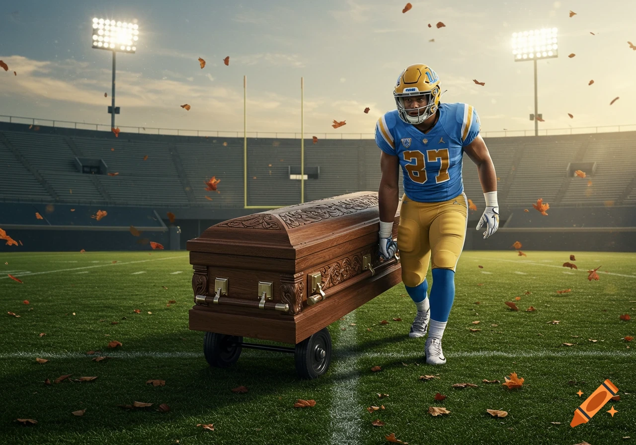 A photorealistic image of a UCLA football player in uniform dragging a wooden casket on wheels across a football field at sunset.