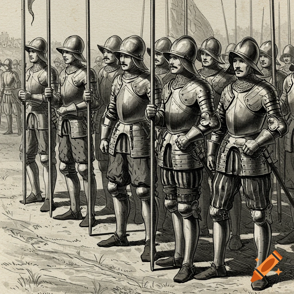 Black and white engraving of 16th-century pikemen in full armor, standing at attention with vertical pikes on a battlefield.