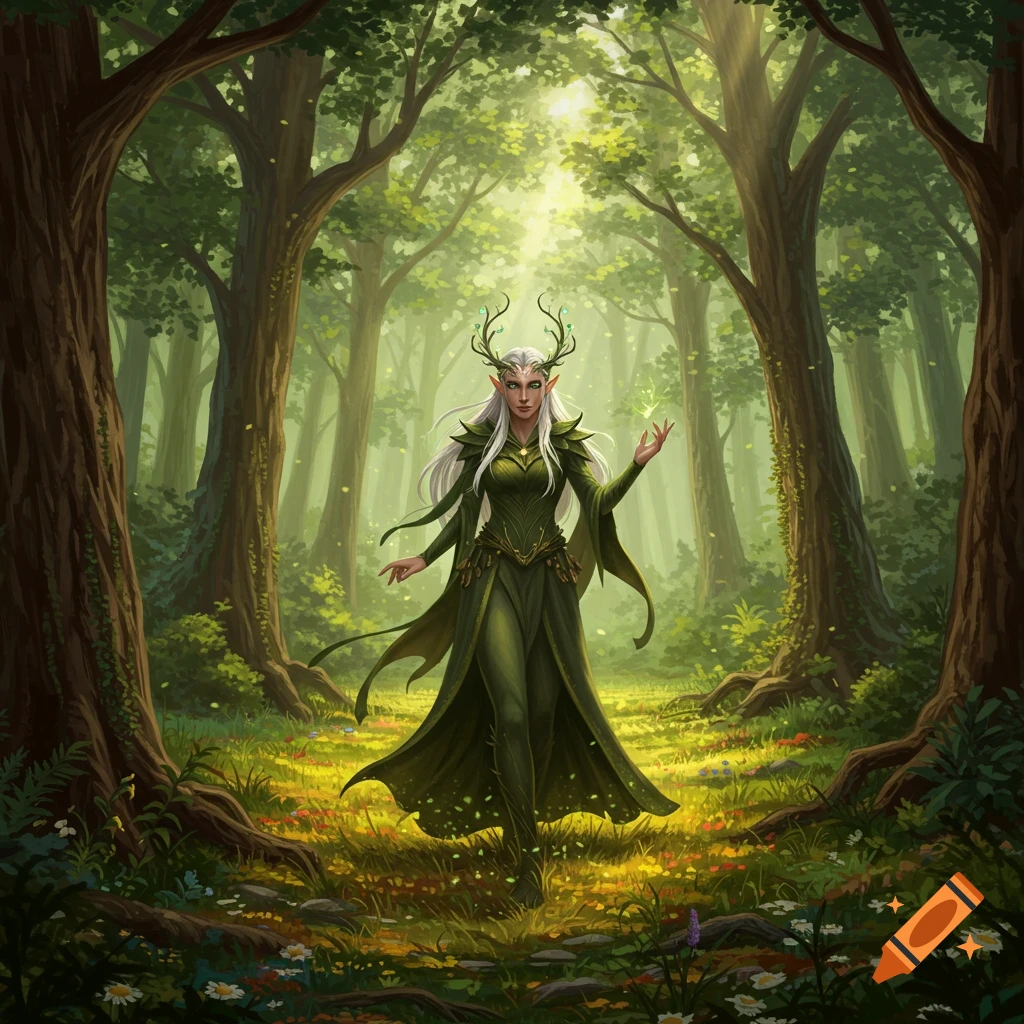 A female elf with white hair and antlers wearing a green dress stands in a sun-dappled fantasy forest.