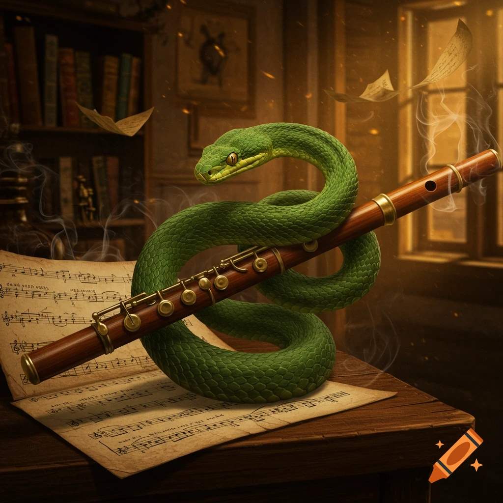 A vibrant green snake is coiled around a wooden flute, resting on antique sheet music on a dark wooden table. Smoke and musical notes float in a dimly lit room.