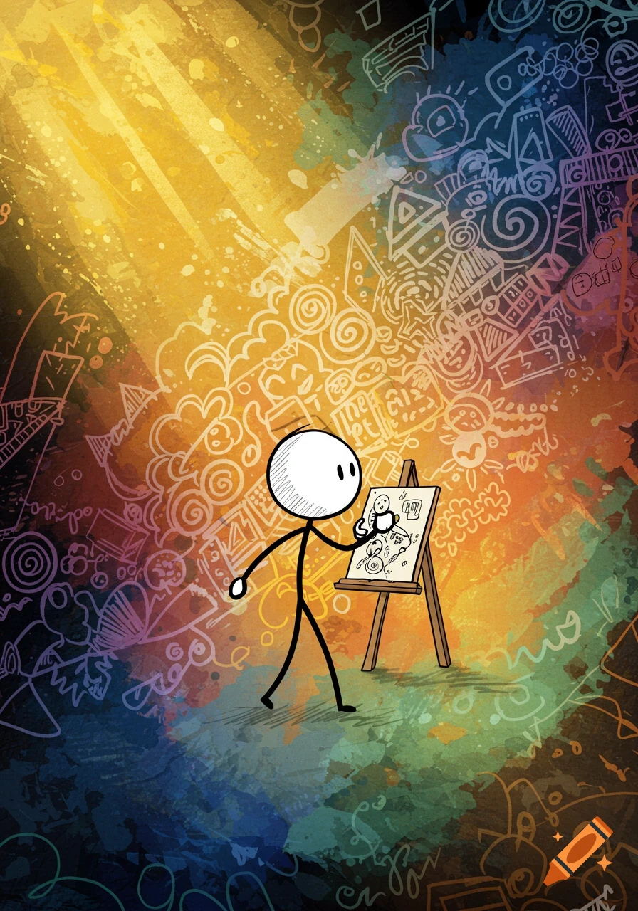 A cartoon stickman character drawing on an easel, surrounded by abstract white line doodles on a vibrant watercolor background.