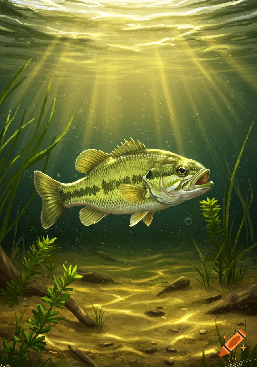 An illustration of a largemouth bass swimming in sunlit murky water with plants.