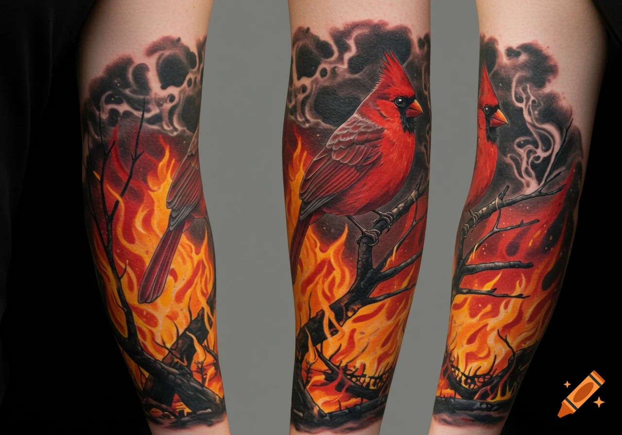 A detailed half sleeve tattoo on an arm showing a red cardinal bird perched on a branch surrounded by vivid orange and red flames and dark smoke.