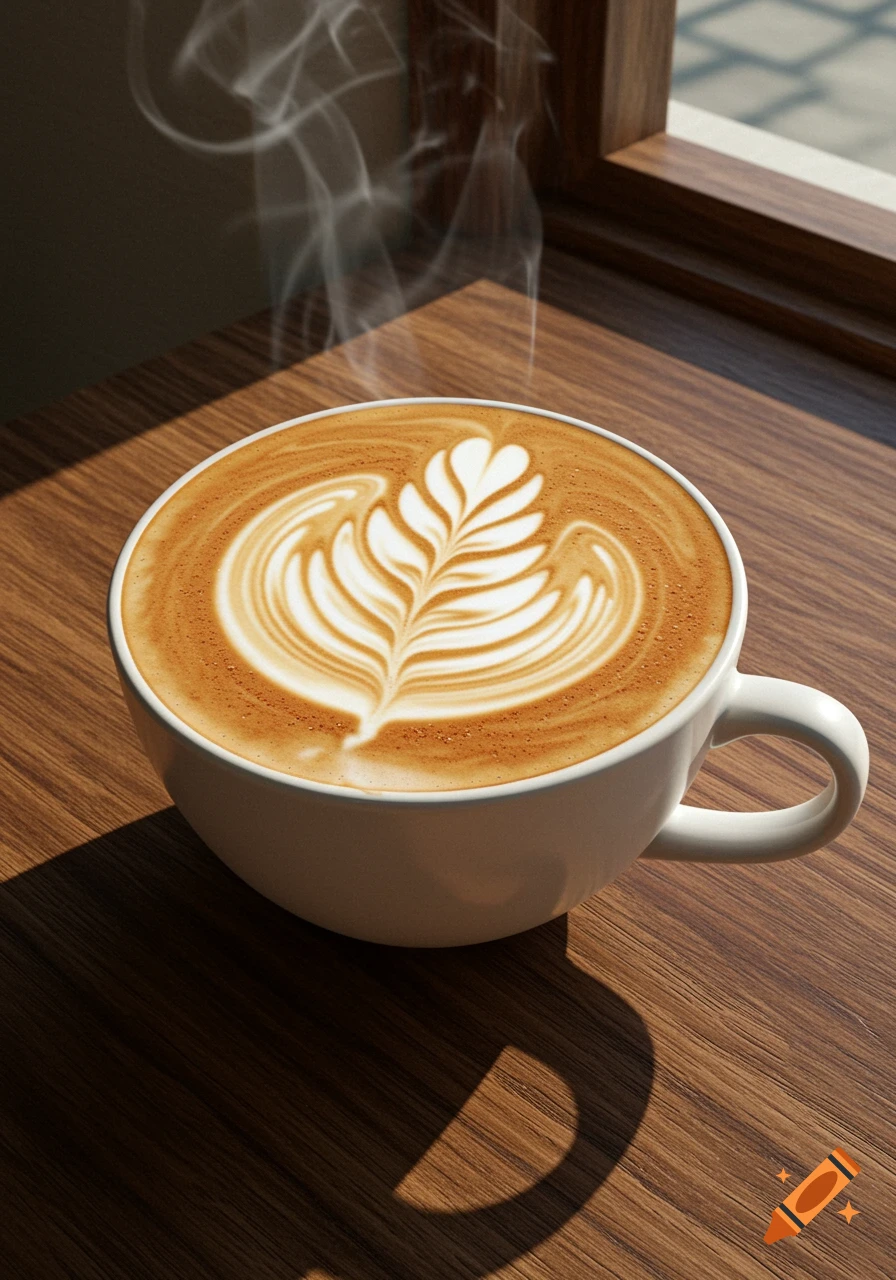 A white mug of steaming coffee with delicate leaf latte art sits on a wooden table next to a sunlit window.