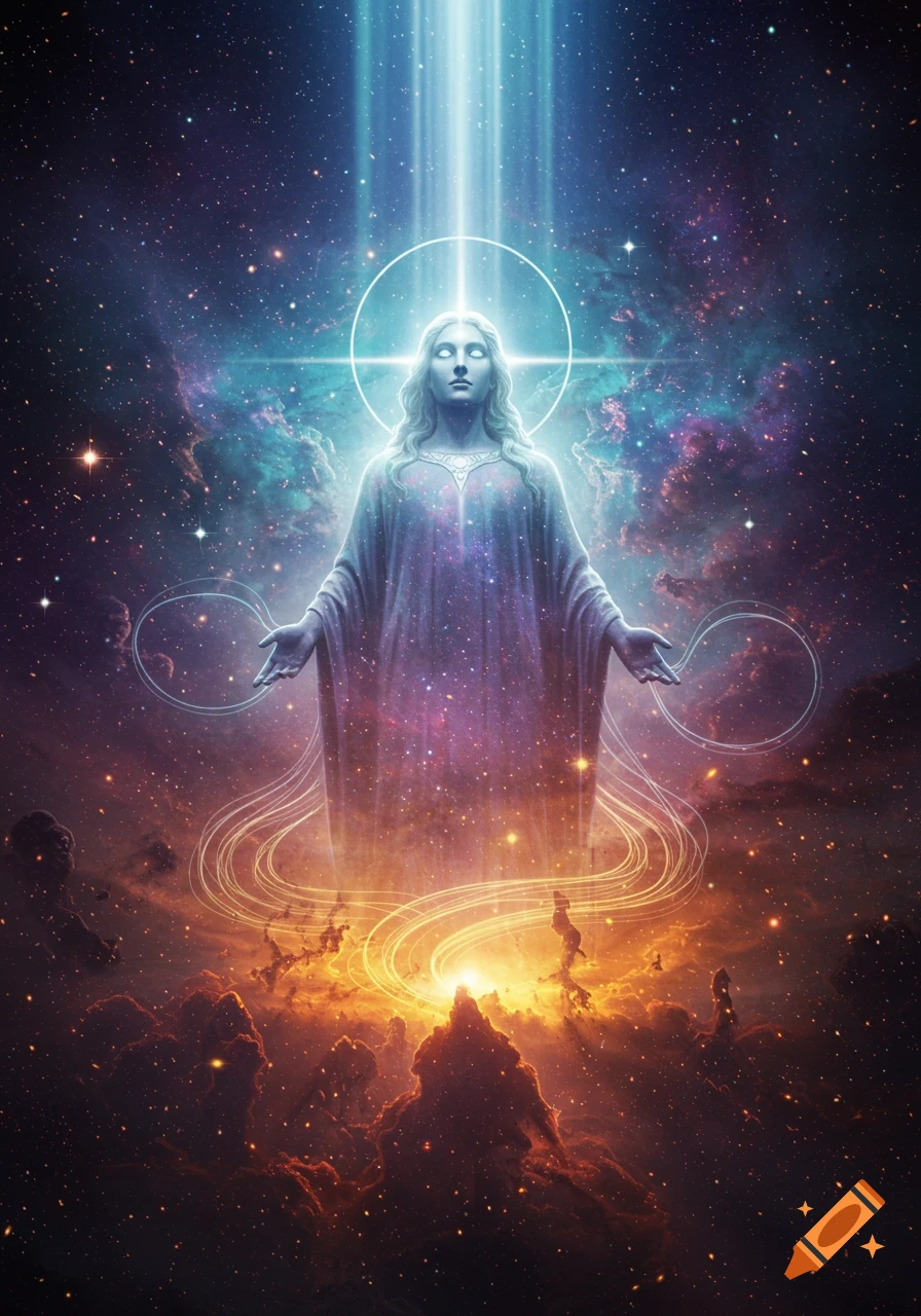 Luminous celestial figure stands with outstretched arms amidst vibrant nebulae, stars, and glowing clouds in a cosmic digital art scene.