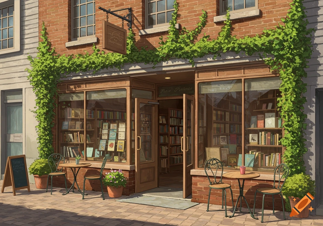 A rustic modern bookstore front with green vines, two outdoor seating areas, and books visible through large windows.