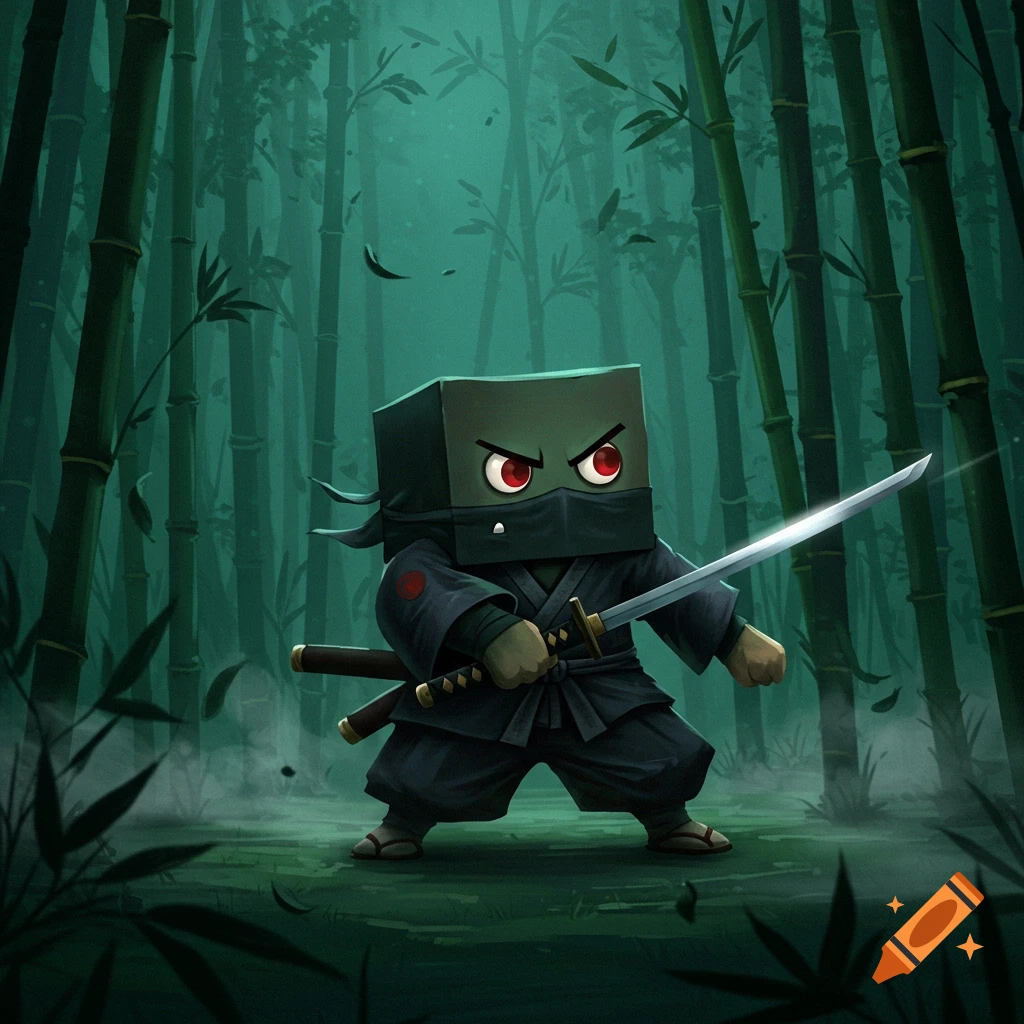 A cartoonish, box-headed ninja with glowing red eyes, dressed in black, holding a katana, stands in a dark bamboo forest.