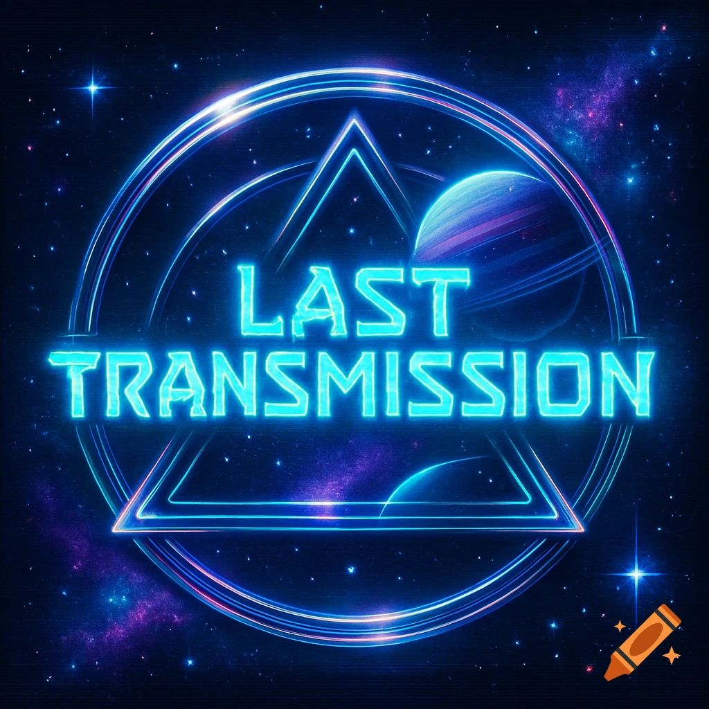A neon-blue logo for LAST TRANSMISSION, set in space with stars, nebulae, and a planet.