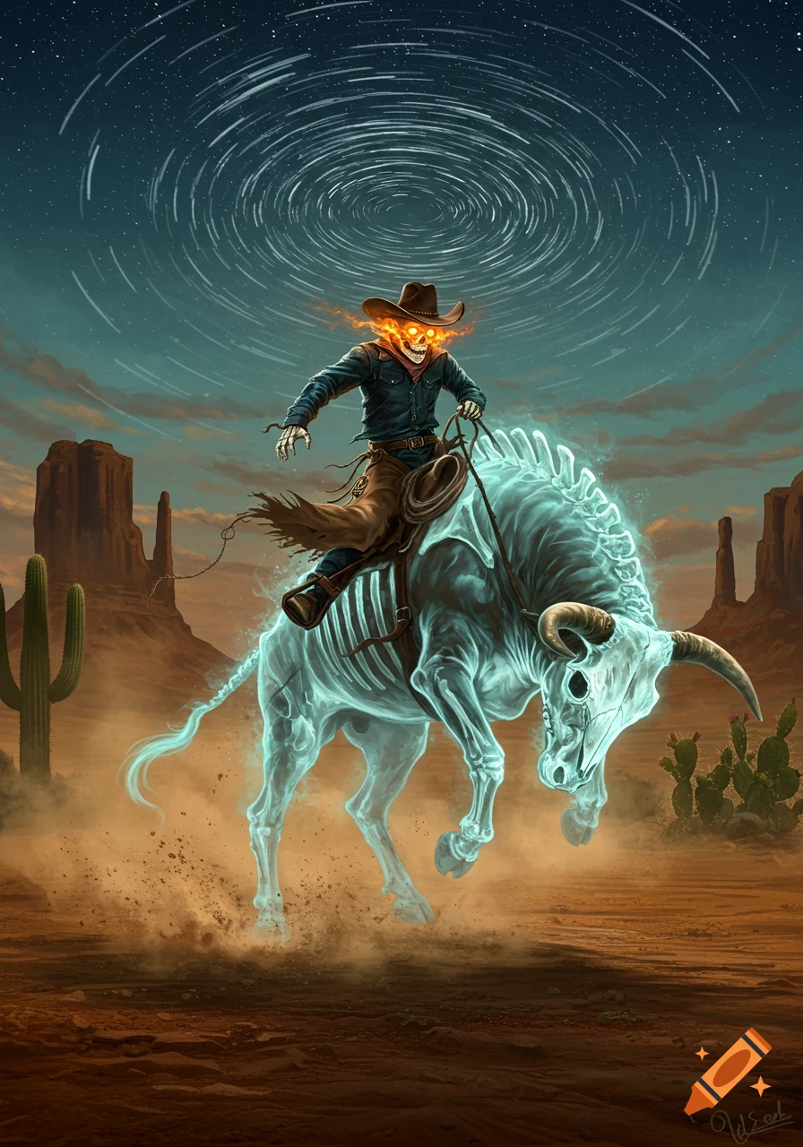 A skeleton cowboy with fiery eyes rides a glowing skeleton bull through a desert at night, under a sky with swirling star trails.