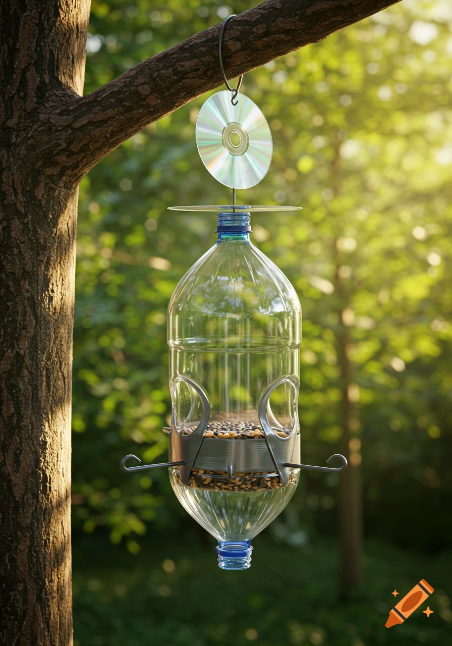 A homemade bird feeder crafted from an inverted plastic bottle and a CD, filled with seeds, hangs from a tree in sunlight.