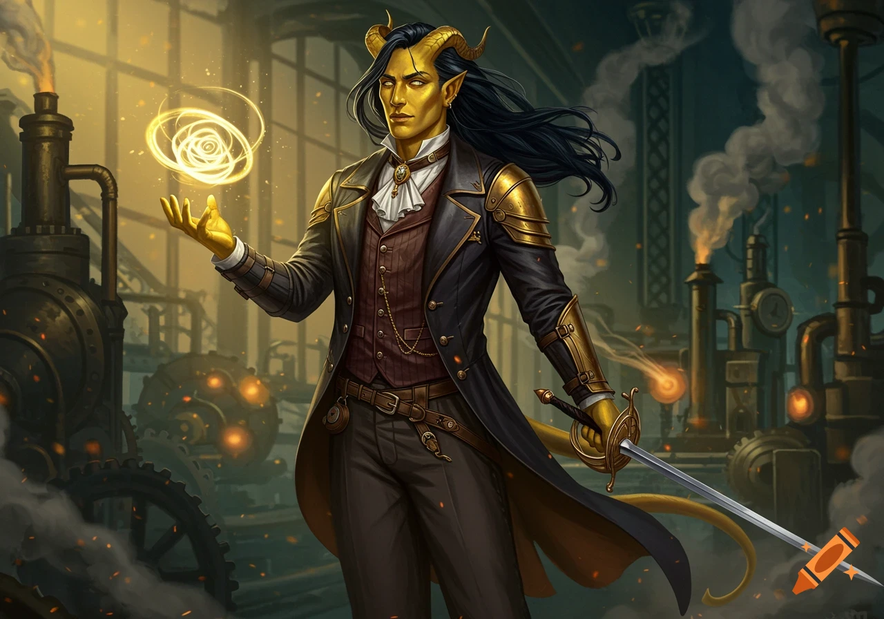 A golden-skinned Tiefling sorcerer in a steampunk suit holds a glowing orb, with a rapier in an industrial setting.