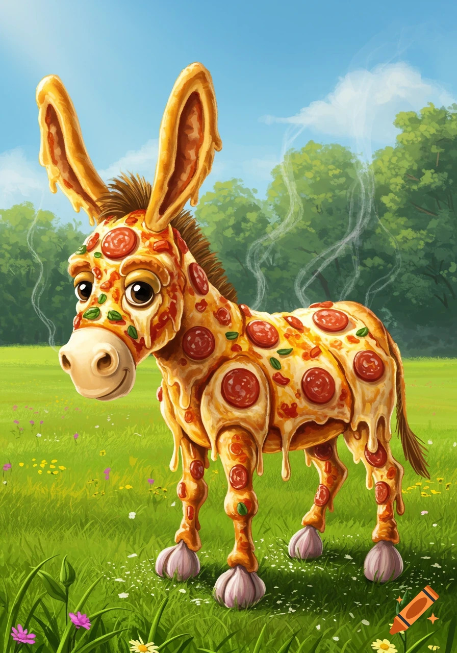 A cartoon donkey with a pizza body, covered in cheese and pepperoni, stands in a vibrant green field.