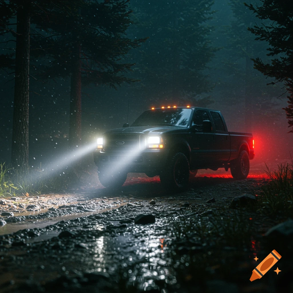A dark pickup truck with bright headlights drives on a muddy forest trail at night in the rain and fog.