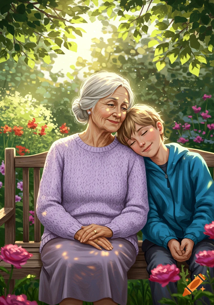 An illustrated portrait of a grandmother and her grandson sitting together on a park bench in a sunny garden.