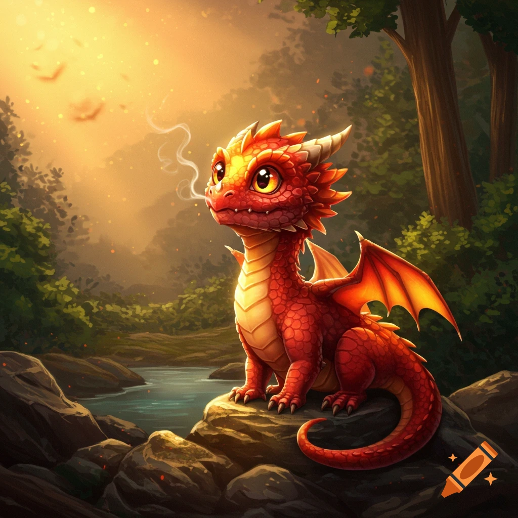 A cute red baby dragon sitting on rocks by a stream in a sunlit fantasy forest, exhaling a wisp of smoke.