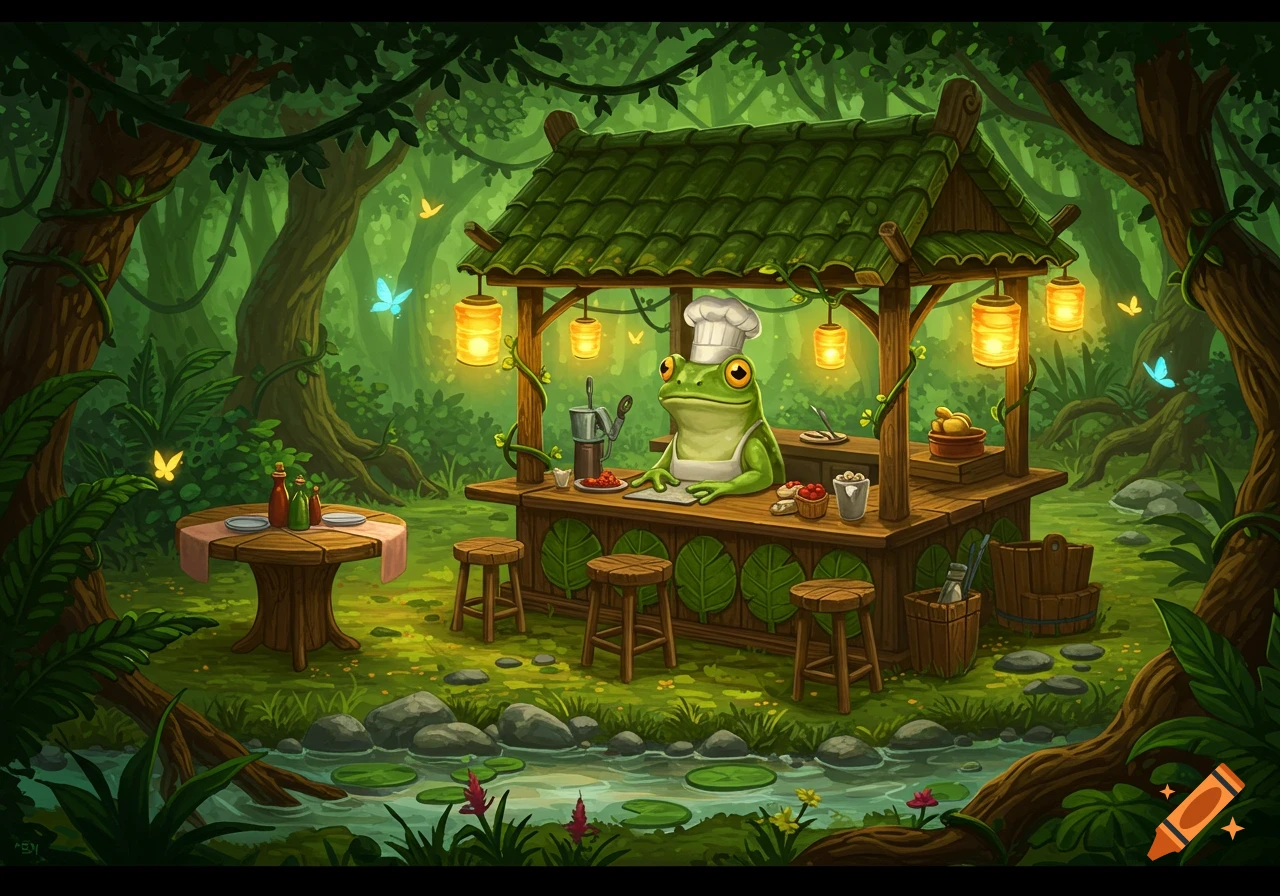 A cartoon frog chef wears a toque and apron, preparing food at a jungle restaurant stall lit by lanterns, with a table, stools, and a stream.