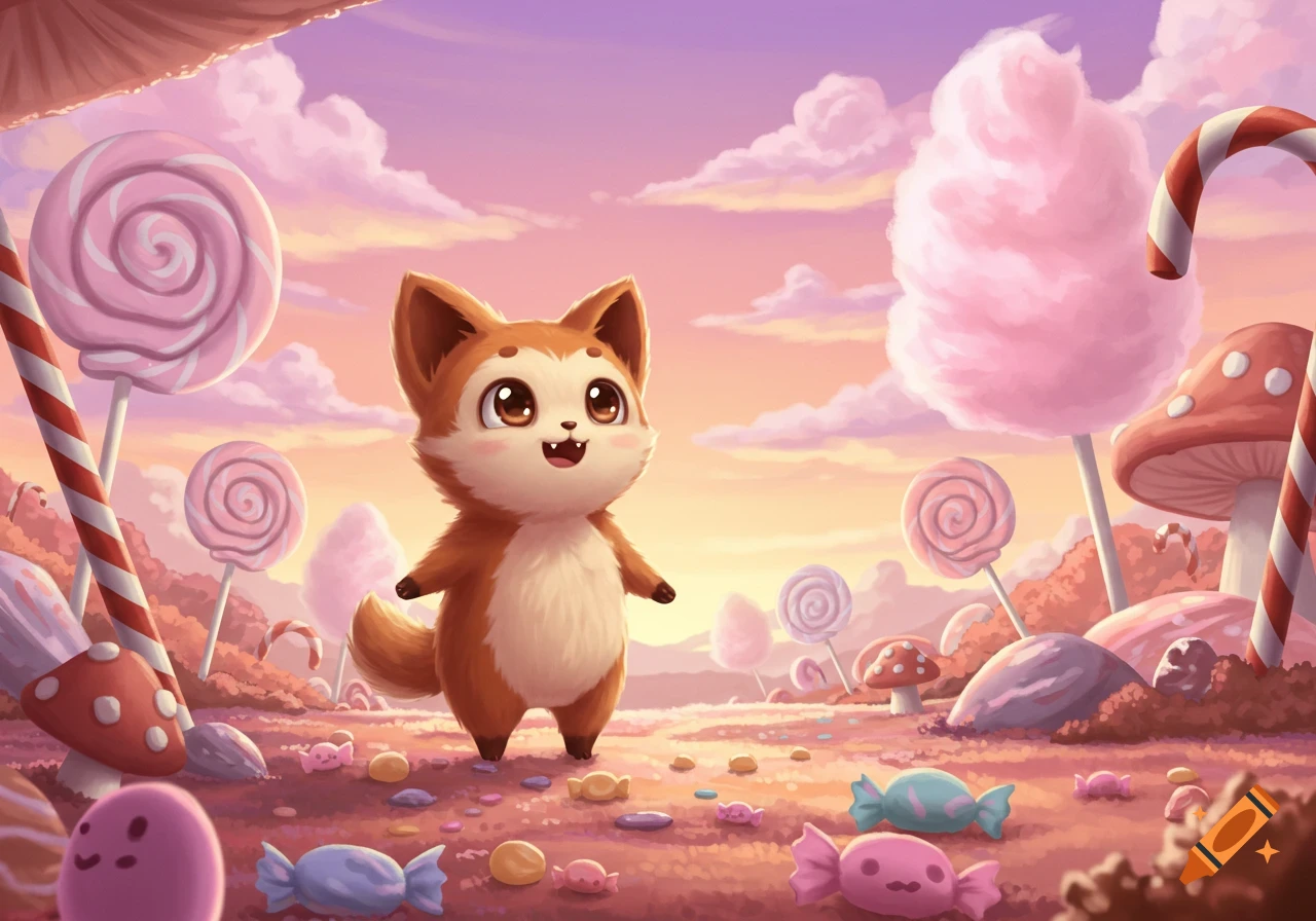 A cute fox-like creature in a whimsical candy land with lollipops, cotton candy trees, and scattered candies at sunset.