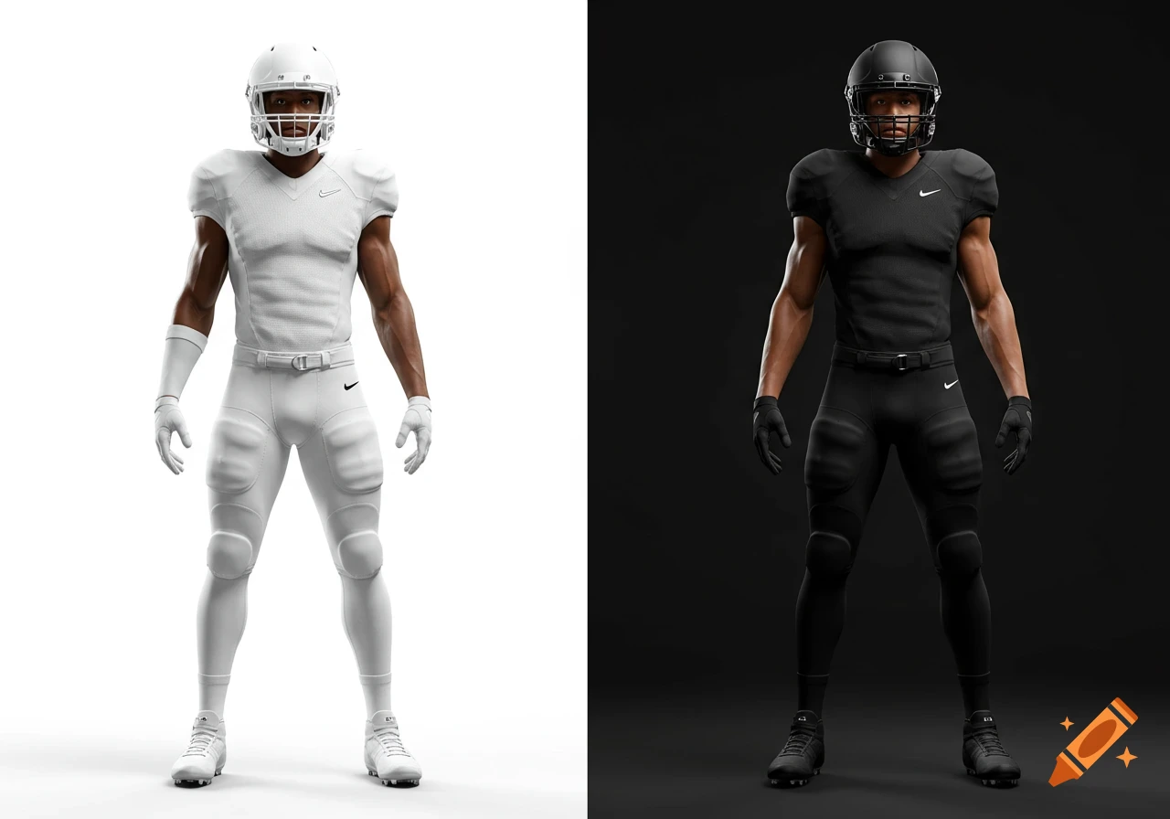 Detailed photorealistic image of two American football players, one in a white uniform on a white background, and the other in a black uniform on a black background.
