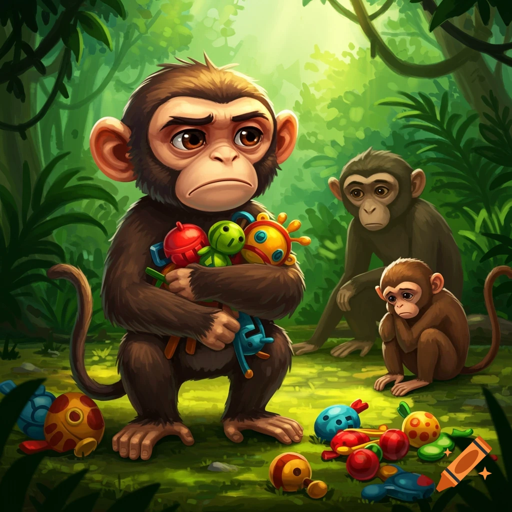 A sad cartoon monkey tightly hugs toys in a lush jungle, while two other monkeys look on, one appearing dejected.
