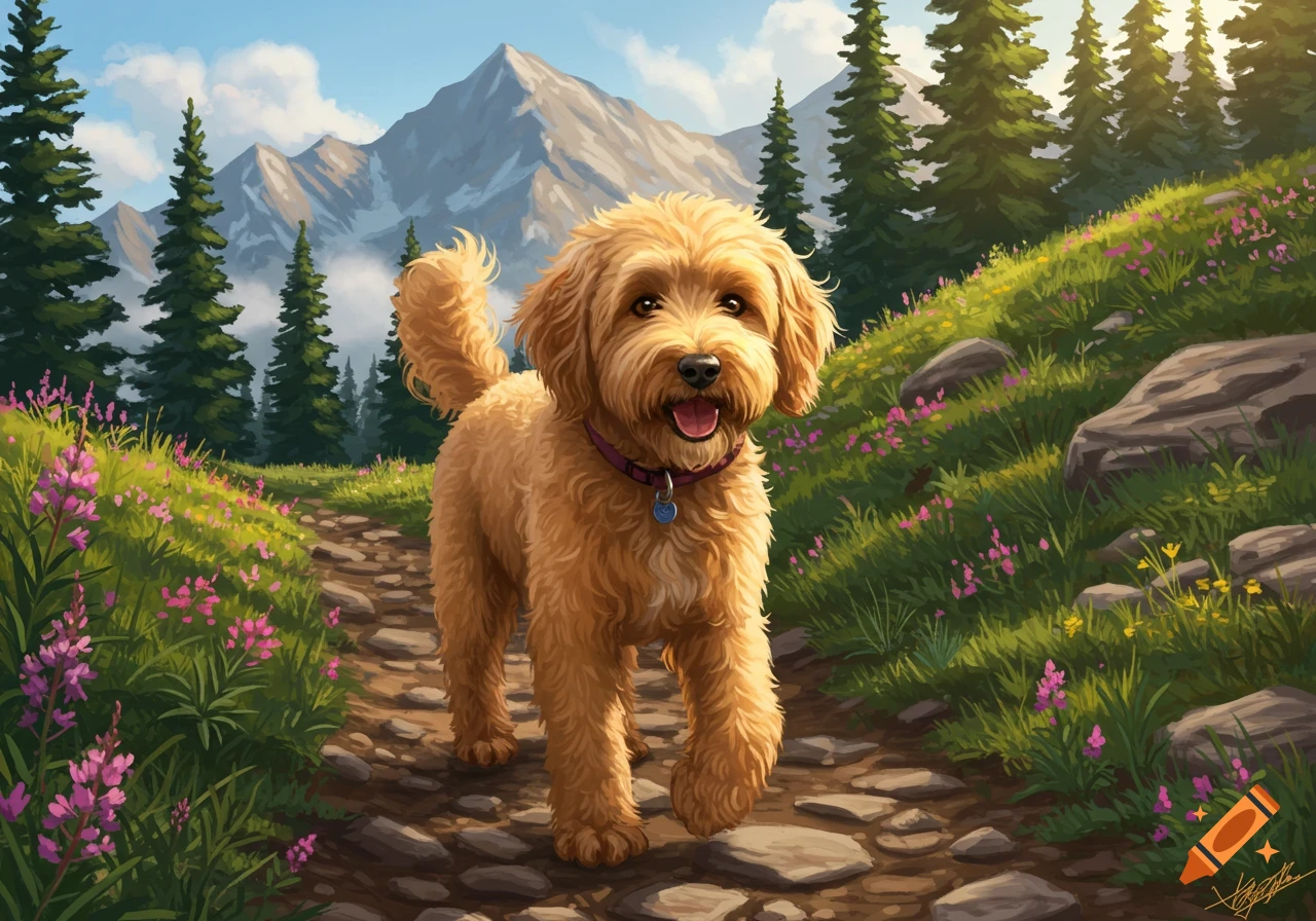 A cute golden doodle walks on a rocky path through a lush mountain landscape with evergreen trees and pink wildflowers under a bright blue sky.
