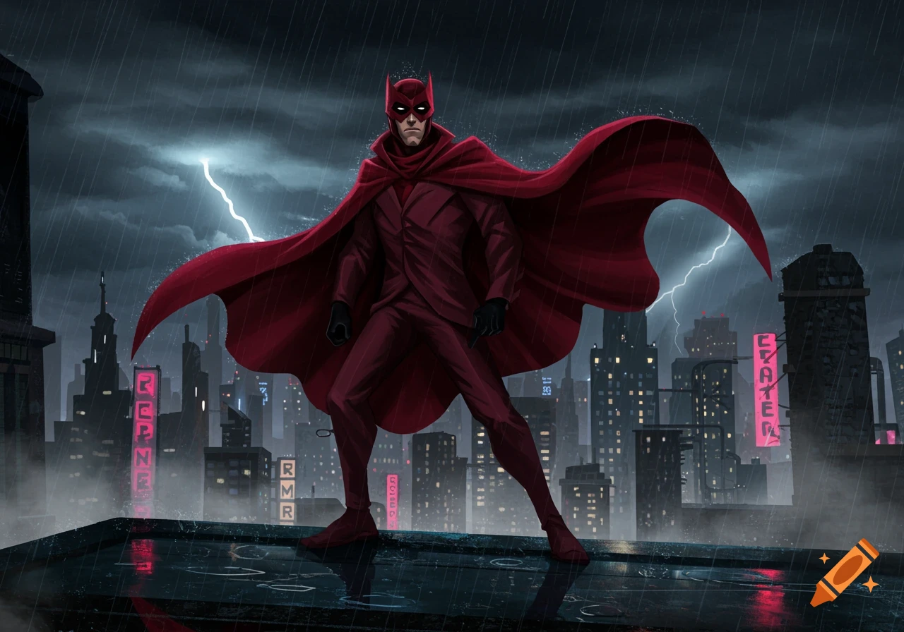 Mister Scarlet, a superhero in a red suit and cape, stands on a rainy rooftop overlooking a dark cityscape with lightning, in a comic art style.