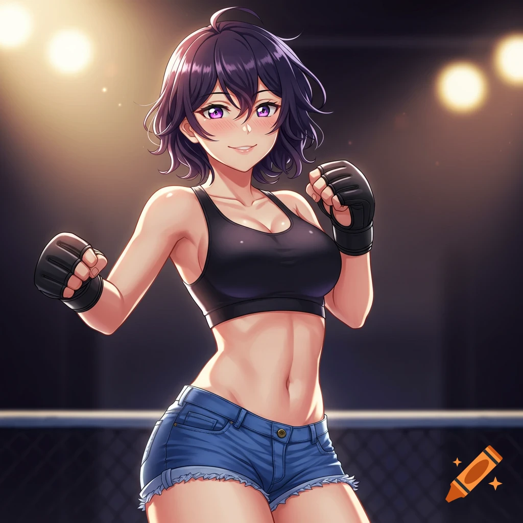 Anime girl Azusa Hamaoka in black sports bra, denim shorts, and MMA gloves, smiling in a fighting ring.