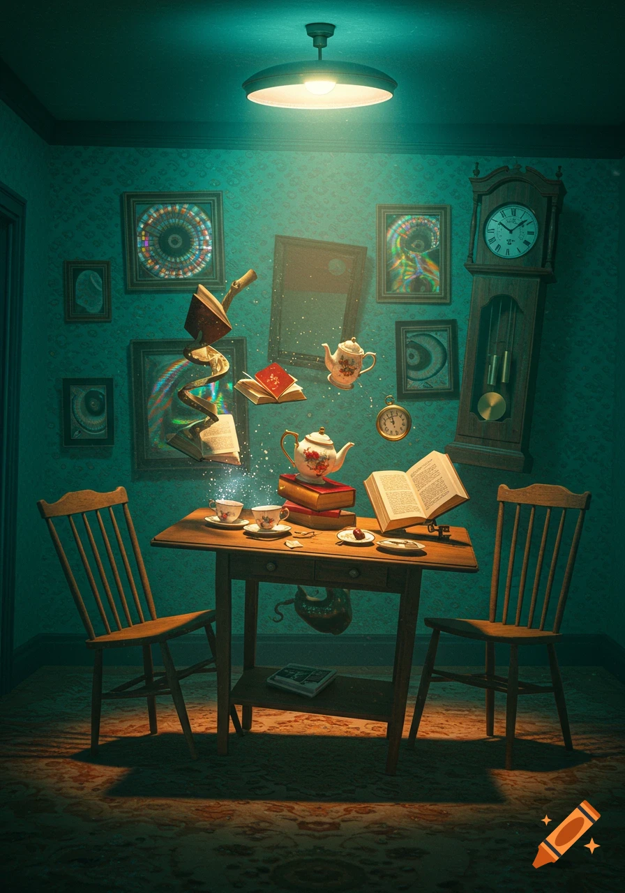 A surreal room with teal wallpaper and a wooden table with chairs. Books and teapots float magically in the air, emitting sparkles.