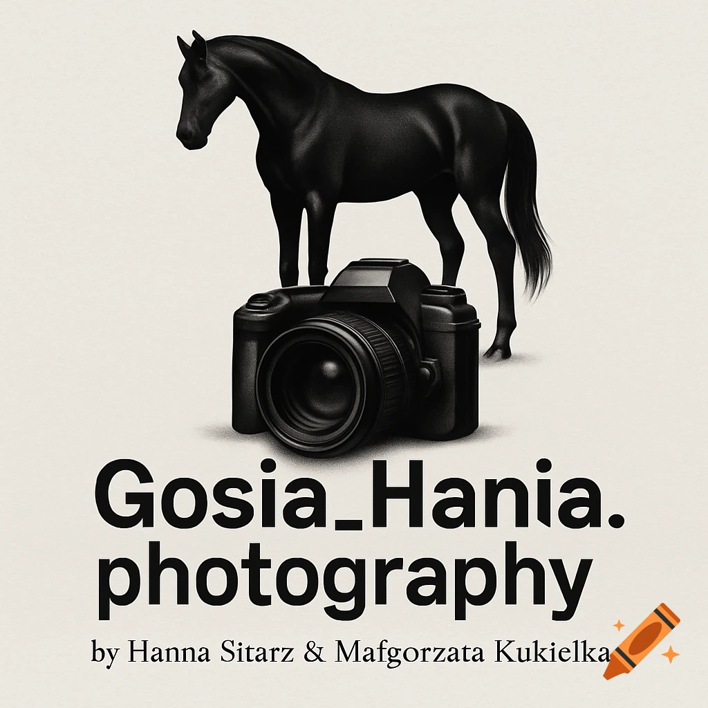 Minimalist logo featuring a black horse standing on a black camera, with text 'Gosia_Hania.photography' below.