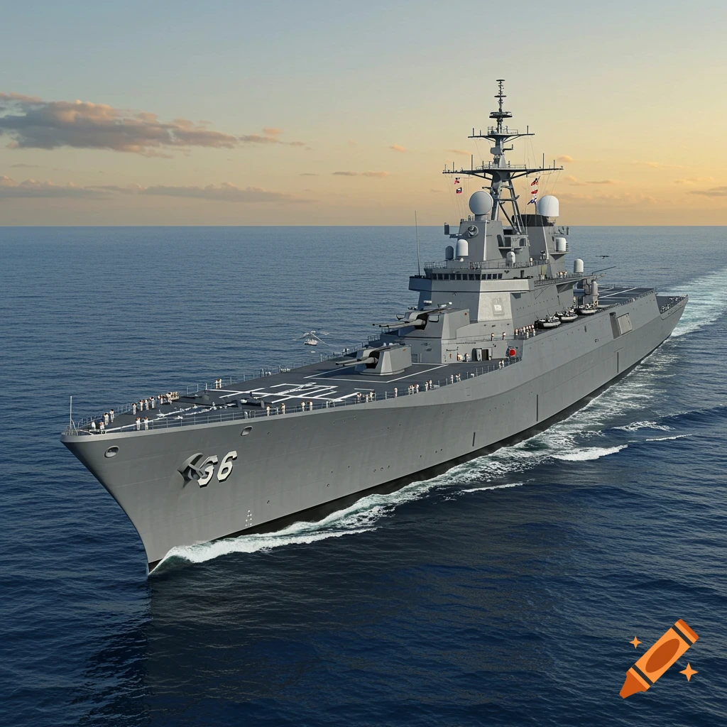 A large, modern gray warship, hull number 56, sails on a blue ocean under a partly cloudy sky at sunset. Photorealistic.