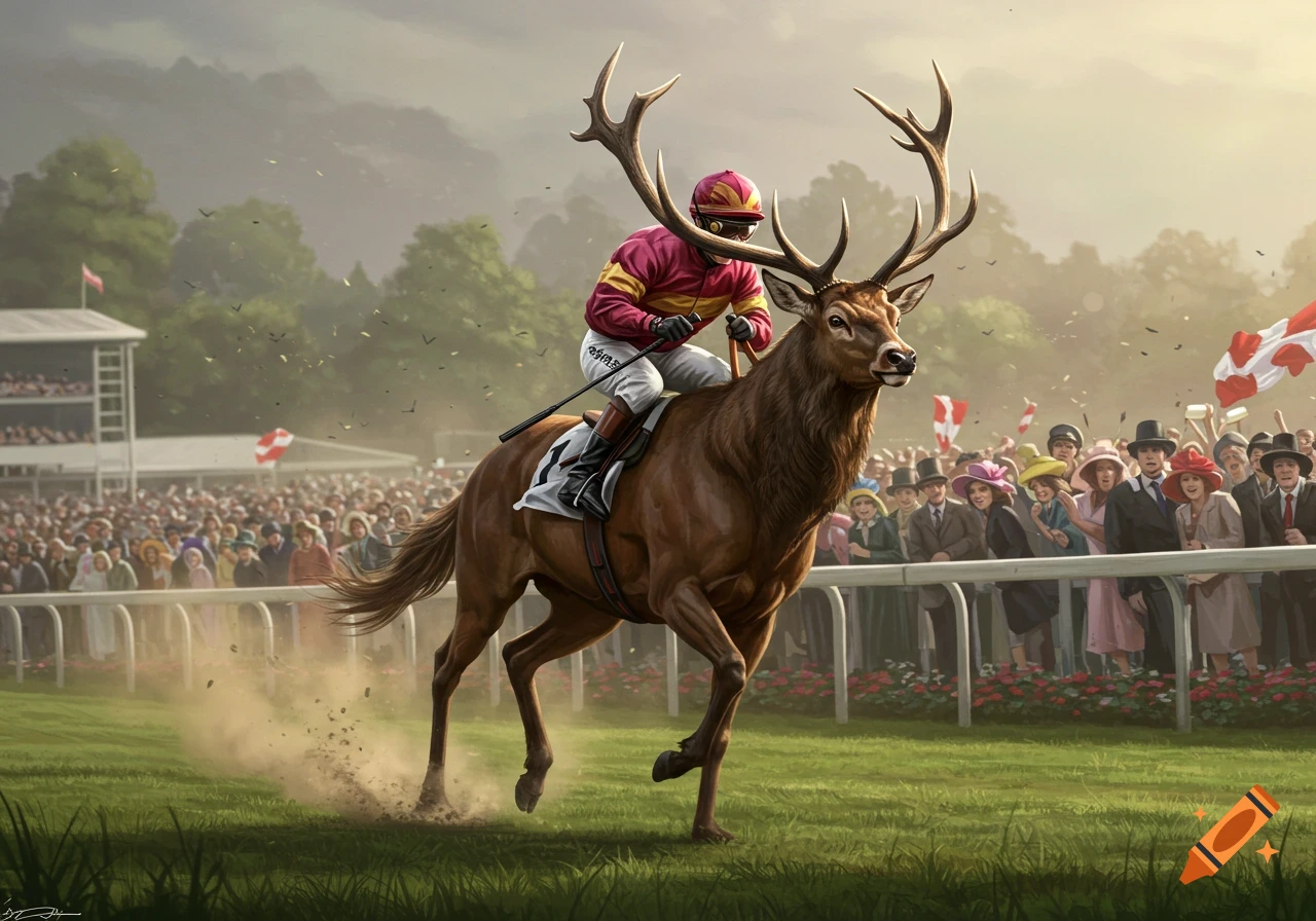 A jockey in red and yellow silks rides a stag with large antlers on a race track, with a cheering crowd in the background. Digital painting.