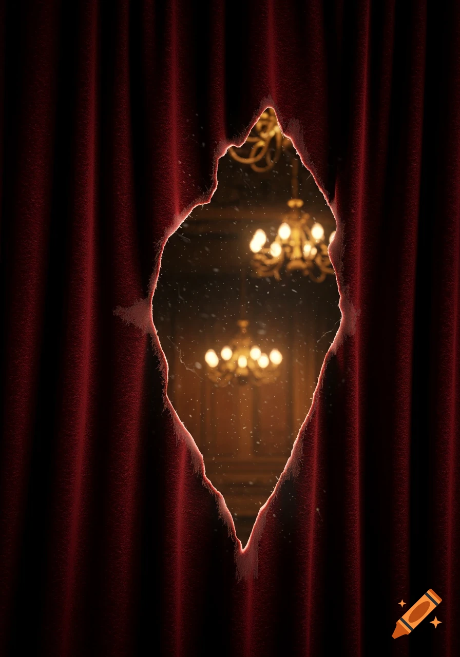 A dark red velvet curtain with a diamond-shaped rip revealing two blurry, ornate chandeliers in a dimly lit room.