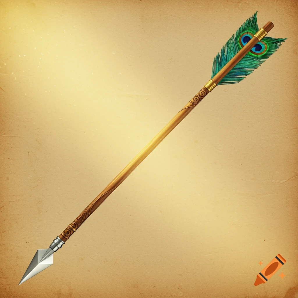 A detailed arrow with a wooden shaft, ornate carvings, metallic arrowhead, and vibrant peacock feather fletching on a sepia parchment background.
