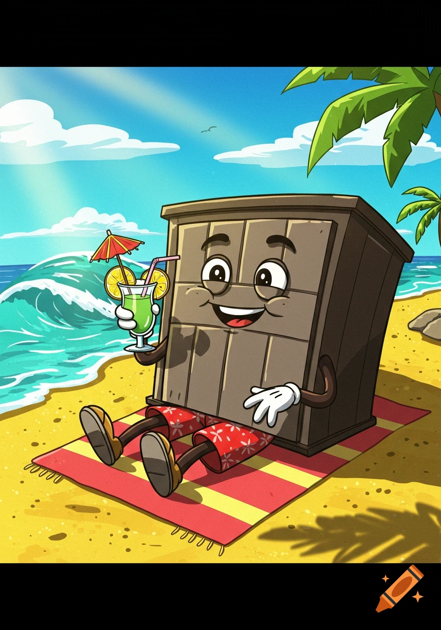 A cartoon garage door character in swim trunks relaxes on a beach towel, holding a tropical drink.