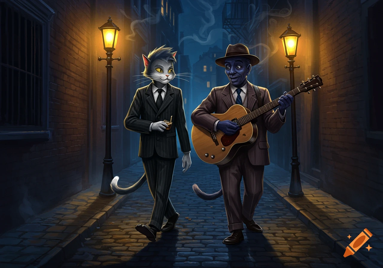 A gray anthropomorphic cat and a blue-skinned man in suits walk down a dimly lit alley at night. The man carries an acoustic guitar.