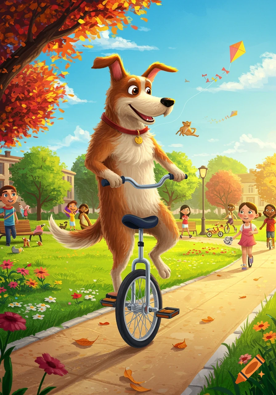 A happy cartoon dog on a unicycle rides through a sunny park filled with children, autumn trees, and flying kites.