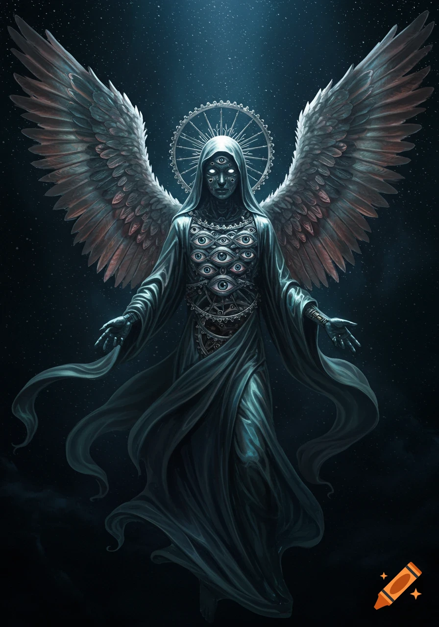 A dark, multi-eyed, winged biblical angel in flowing robes stands against a starry night sky.