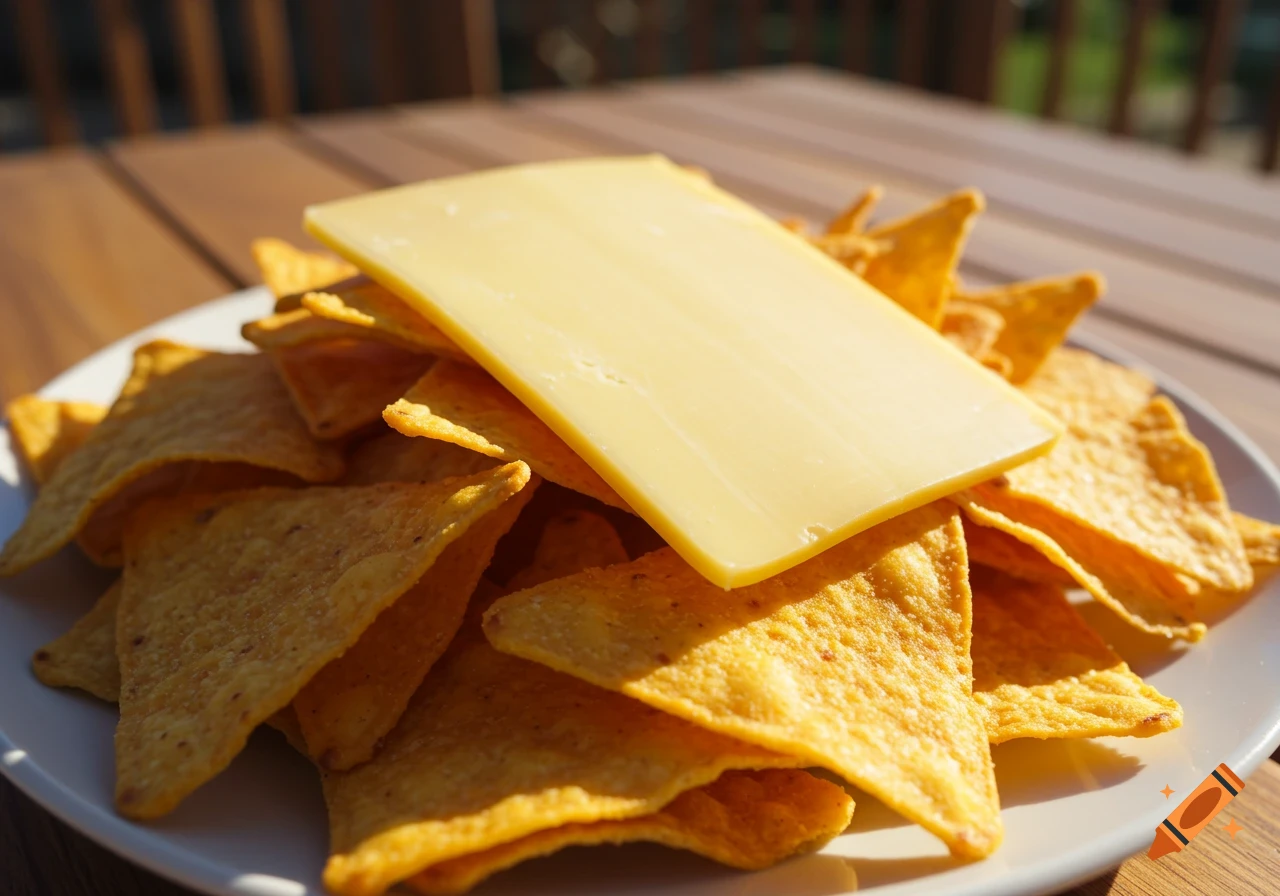 A plate of corn chips topped with a slice of cheese, on a wooden table in sunlight.