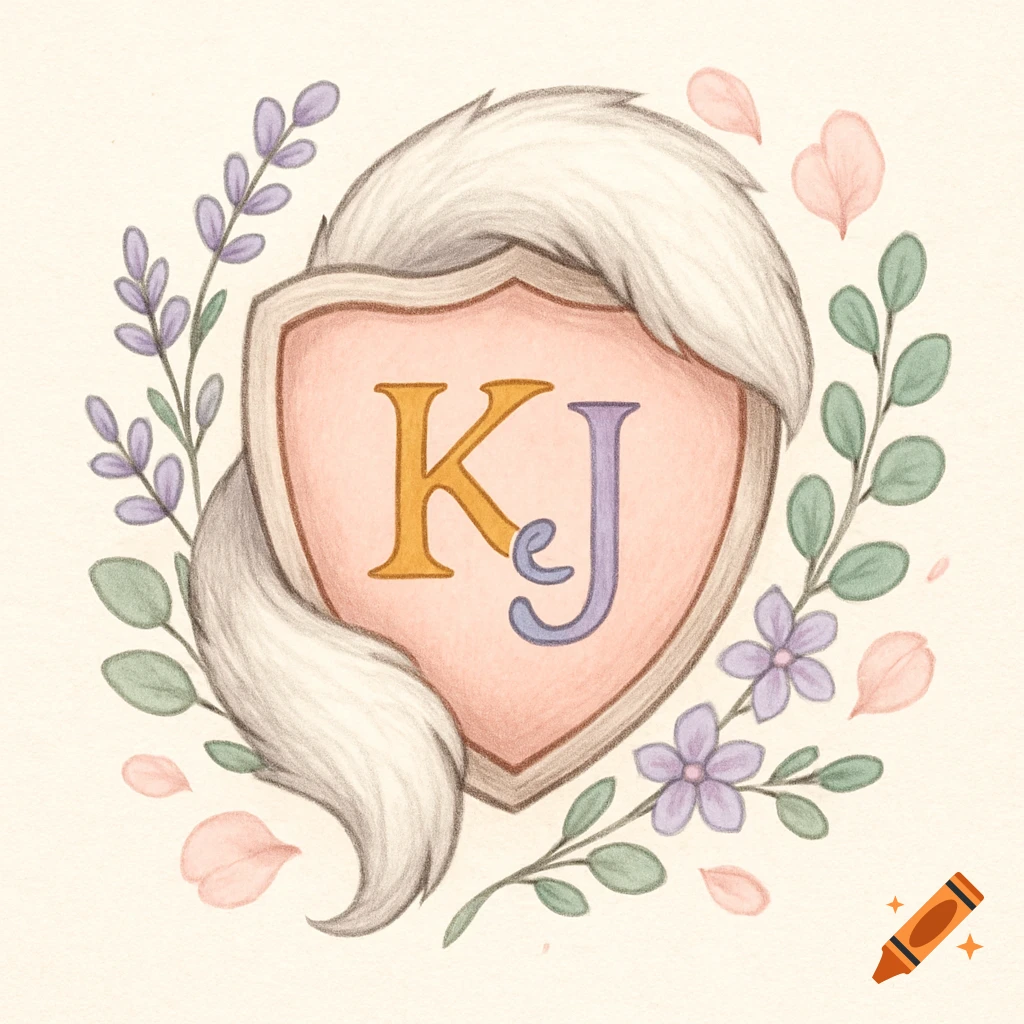 A soft watercolor illustration of a pink heraldic shield with golden 'K' and purple 'J' initials, wrapped by a fluffy white fox tail, surrounded by lavender sprigs, green leaves, and pink petals.