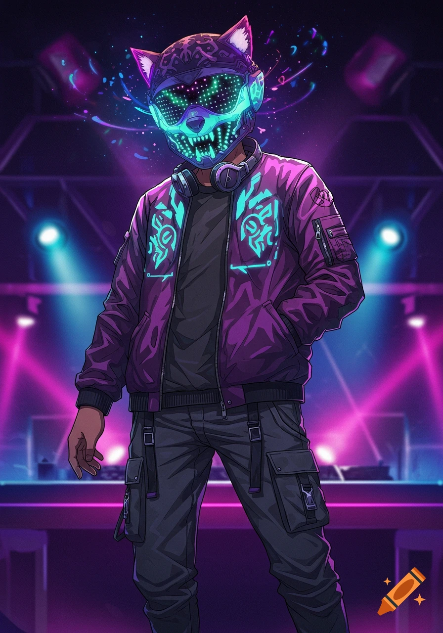 Anime-style male DJ wearing a wolf-inspired LED helmet, digital bomber jacket, and cargo pants in a neon-lit club.