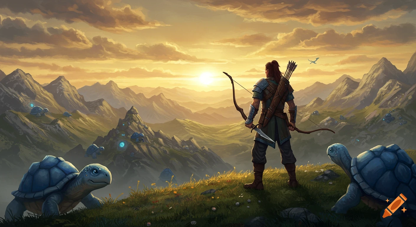 A fantasy hero stands on a hill, overlooking a mountain range at sunset, surrounded by blue-shelled turtle creatures.